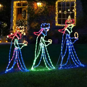 Objets décoratifs Figurines de Noël en plein air LED Trois 3 Rois Silhouette Motif Corde Décoration Lumineuse pour Jardin Cour Année Fête 231216