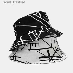 Wide Brim Hats Bucket Hats New Creative Graffiti Striped Summer Fisherman Hat Literary Retro Bucket Hat Men's Outdoor Wild Sunscreen Unisex Panama Bob CL231216