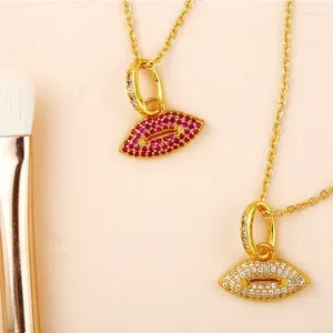 Anhänger Halsketten Trend Pave Zirkon glänzend Sex rote Lippen Halskette für Frauen 2 Stil Lippen Weiße Cz Gold plattiert Schlüsselblatt Kette Halshals Hals Geschenk