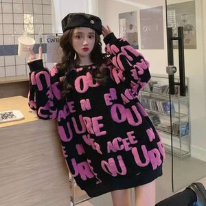 2023 Nowy amerykański list Flocking Sweter Kobieta Y2K Street Retro Casual Loose Lazy Lazy Wind Fashion Top Bottoming Shirt