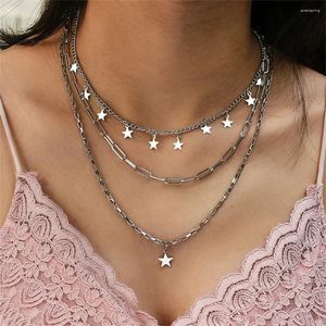 Pendant Necklaces Fashion Multilayer Choker Necklace For Women 2023 Vintage Boho Punk Thick Chain Silver Color Five-pointed Star Jewelry