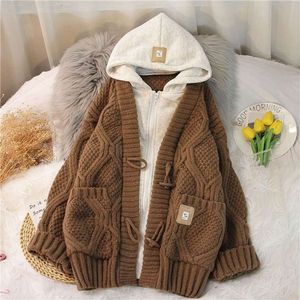 2023 neue Retro Gefälschte Zwei-stück Mit Kapuze Pullover Mantel Weibliche Y2K Herbst und Winter Mode Twist Lose Faul Wind lange Strickjacke