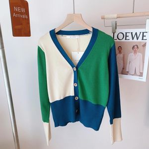 Dress Bulochova New Autumn Women V Neck Patchwork Color Knitted Cardigan Sweater Chic Button Thin Crop Top Pull Femme