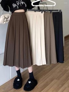 Skirts Korean Skirt 2023 Women's Autumn Winter High Waist Long Pleated Female Casual Mid-calf Elegant