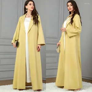 Roupas étnicas Muçulmanas Mulheres Amarelo Lapela Jaqueta Moda Manga Comprida Outerwear Abaya Elegante Burqa Casaco
