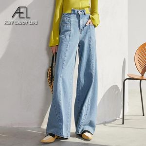 Jeans Ael Wideleg Jeans Kobieta Nieregularna wysoka talia swobodna dżinsowa długie spodnie dla kobiet umyte bawełniane jasnoniebieskie odzież mody uliczna