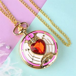 Pocket Watches Luxury Yellow Gold Watch Red Heart Pattern Sweater Necklace Chain Quartz Analog Clock For Girl Women Timepiece Gifts