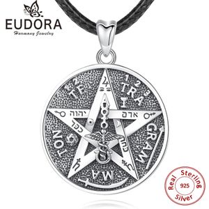 Necklaces Eudora Sterling Sier Pentagram Runes Necklaces Amulet Leather Chain Guardian Star Tetragrammaton Pendant for Men Jewelry