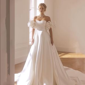 Brautkleider in A-Linie mit Faltenärmeln, herzförmigem, gerafftem Satin-Brautkleid mit Tasche, Boho-Prinzessin-Hochzeitsfestkleid