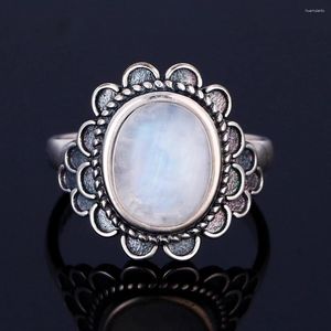 Cluster Rings 925 Sterling Silver Ring Natural Moonstone For Women Wedding Party Birthday Gift Flower Shaped Gemstone Jewelry