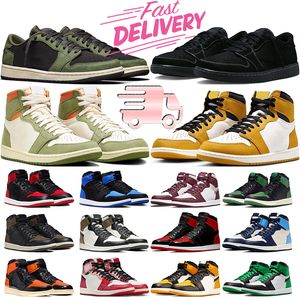 com caixa jumpman 1 sapatos de basquete 1s baixos homens treinadores mulheres tênis preto fantasma azeitona celadon amarelo ocre sorte táxi verde criado patente esportes ao ar livre