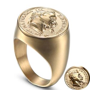 Rostfritt stål Napoleon Head Sculpture Ring Gold Solid Men USA Standard Storlek 7 8 9 10 11 12 13 14 Three Dimensional Letter Extra 255T