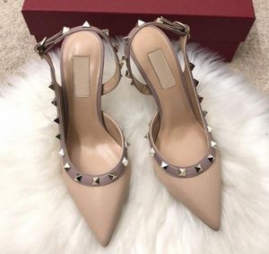 heels Classics Women High Heel Shoes Pointed Toe Genuine leather Rivets Wedding Party Shoe pumps Casual Gold matt leather studded spikes slingback e5xd#