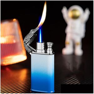 Lighters Roman Torch Colorf Jet Blue Flame Metal Clogodile Clogodile Rüzgar Geçirmez Çift Ateş Ejderha Adam Lady Sigara Sigara Hediye Damla Teslimat Dheoq