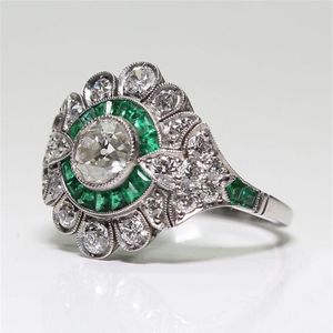 Pure S925 Sterling Silver color Natural Emerald Gemstone Ring Women Silver 925 Jewelry with Cushion Zirconia Garnet Bizuteria261Z