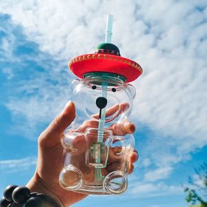 Garrafas de água copo de chapéu de vidro com palha alta borosilicato moderno simples vento bonito dos desenhos animados bebida suco garrafa de leite kawaii 231216