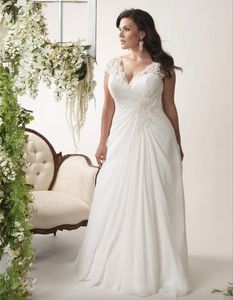 V-hals Cap ärmar Plus Size Bröllopsklänningar Chiffon Appliced ​​Spets Open Back Drape Side Ruched Bodice Bridal Gown