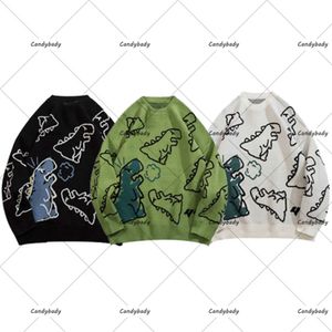 Men Haruku Style Sticked Hip Hop Streetwear Dinosaur Cartoon Pullover Oversize Casual Par O-Neck Vintage Sweaters