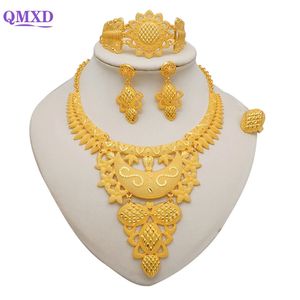 Chokers Dubai Gold Color Smyckesuppsättningar för kvinnor Indian Earring Halsband Nigeria Marockan Bridal Wedding Party Gifts 231215