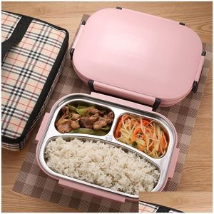 Lunchlådor väskor 304 rostfritt stål termos box för barn grå väska set bento läcksäker japansk stil mat container termisk lunchlåda dh8tk