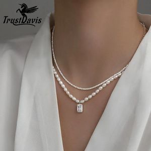 Boxen Trustdavis Echt Sterling Silber Mode Doubledeck Kette Perlen Halskette für Frauen Hochzeit Valentinstag Schmuck Db349