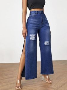 Calças de brim moda lado fenda calças jeans para senhoras cintura alta jeans rasgados 2022 novo streetwear feminino alargamento perna calças jeans baggy