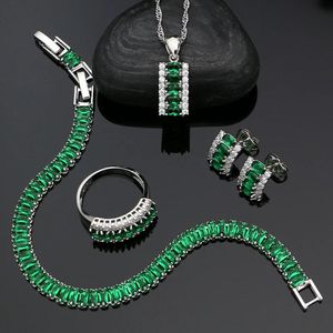 Bracelet Earrings Necklace Sets Sier Women Wedding Jewelry Sets Green Cubic Zirconia White Crystal Stud Earrings Pendant Ring Bracelet Necklace Sets