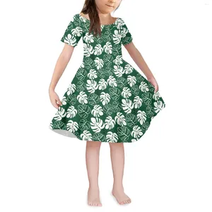 Party Dresses Short Sleeve Round Neck Palm Leaf Pattern Children's Dress Summer Fashion Skirt Polynesia Traditional Tribe Girl Princess