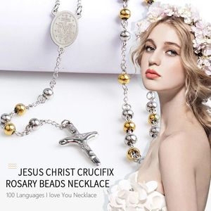 2024 New Cross Pendant Necklace For Men Women 14K White Gold Rosary Beads Necklaces Religious Jewelry