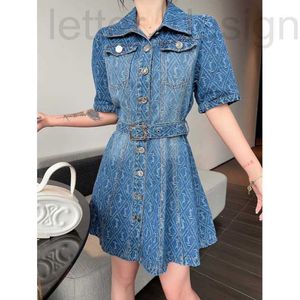 ワークドレスデザイナーLuxuryNew Jacquard Denim Lapel Dress With Twill Fabric Washed Blue Belt N1SS