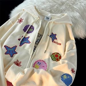 Men s Tracksuits American retro design cute full print embroidered hooded cardigan sweater couple loose jacket men and women oversized sweatshirt 231215