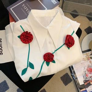 Women's Blouses White 3D Rose Blossom Long Sleeve Shirt Women Top Spring Fashion Temperament Loose Causal Sweet Blouse Female Clothing