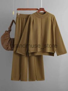 Kvinnors tvådelade byxor 2023 Autumn/Winter Women 2-Pice Set Loose Solid Pullover Tröja Split Sticked Wide Leg Trouser Set Korea Sticked Set Pant Set J231216