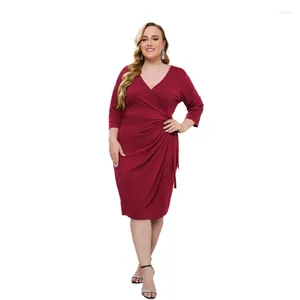 Plus Size Dresses Three Quarter Sleeve Elegant Spring Autumn Midi Wrap Bodycon Dress Tie Waist V-neck Formal Fit Flare Party