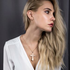 14K Roségold Kreuz Anhänger Halskette für Männer Frauen Gebet Kruzifix Jesus Charm CZ Anhänger Schnecke Gliederkette 60cm