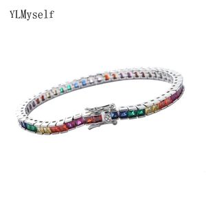 Mosiądz Bangle 78 cali 3*3 mm Rainbow Square Cyrcon Tennis Bransoletka by złota Rhodium płyt Hip Hop Rock UNISEX BINEGRY 231215