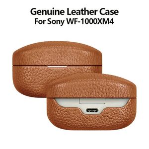 Hörlurar äkta läderfodral för Sony WF1000XM4 Real Leather Handmade WF 1000xm4 Cover Lychee Mönster Bluetooth Earphone Case