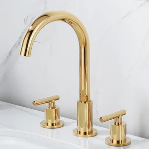 Bathroom Sink Faucets Gold Plated Brass Split Basin Round Faucet 3 Hole Double Handle Tub Tap Rotatable Cold Water Mixer