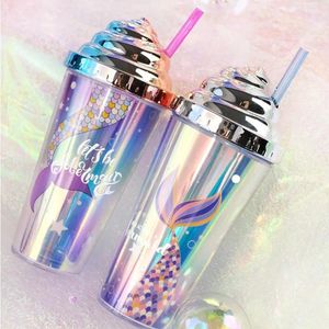 Garrafas de água 420ml copo com palha parede dupla isolamento térmico BPA livre à prova de vazamento drinkware plástico sereia padrão sippy 231216