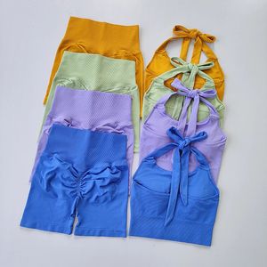 Roupas de ioga Pêssego Hip levantamento conjunto pescoço suspensão sutiã esportivo absorvente de choque sutiã de festa secagem rápida conjunto curto ginásio correndo yoga conjunto 231216