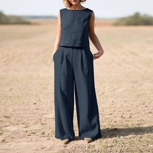 Women's Two Piece Pants Summer Women Fashion Elegant Sleeveless Jumpsuits Ladies Solid Color Bodysuit Holiday Casual Wide Leg Loose Long