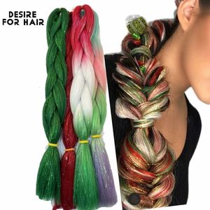 Human Hair Bulks 24 inch synthetic woven hair mixed with Tinsel sparkling red Christmas color extension giant weaving 231215