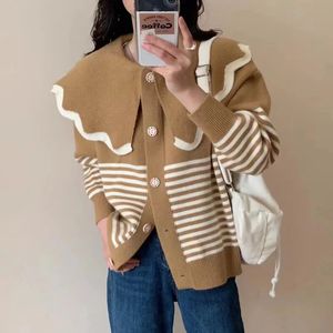 Kadın Sweaters Strpied Örgü Hırka Sonbahar Kış Gevşek Bebek Yakası Sweater Tapıklı Stil Ceket Yumuşak Örgü Jumper 231216