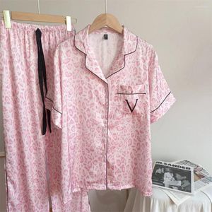 Kvinnors sömnkläder rosa leopard 3st pajamas satin tröjor