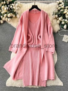 Tvådelad klänning Singreiny Autumn Thick Warm Sticked Suits 2023 Rem Strap Dress+Loose Long Cardigans Sweater Home Wear Casual Two Pieces Set J231216