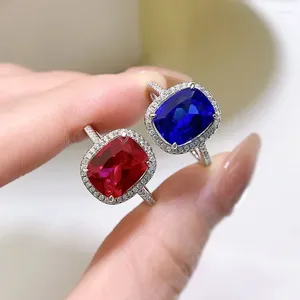 Cluster Rings 2023 S925 Silver 8 10 Pillow-shaped Pigeon Blood Red Egg Micro-set Ring Factory Direct Sales