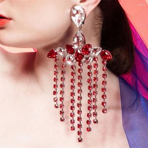 Brincos de luxo luxo bling vermelho branco grande cristal senhoras noivado jantar brilhante strass longo franja brinco jóias atacado