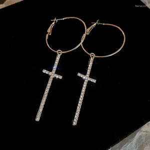 Hoop Earrings Minar Sparkly Rhinestones Cross For Women Wholesale Silver Plated Metal Big Round Circle Long Earring