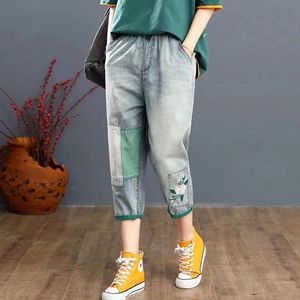 Jeans Frauen Jeans 2023 Sommer hoher Taille Patch Denim Cropped Hosen Frau Neue Elastizität Taille gesticktes Farbpatching Harem Pants A67