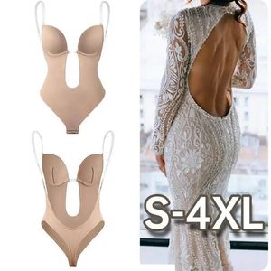 Set Invisible Shaper Bra Sexy Bodysuit Corset Backless Deep Vneck U Plunge thong midjetränare Clear Rem Paded Push Up Shapewear